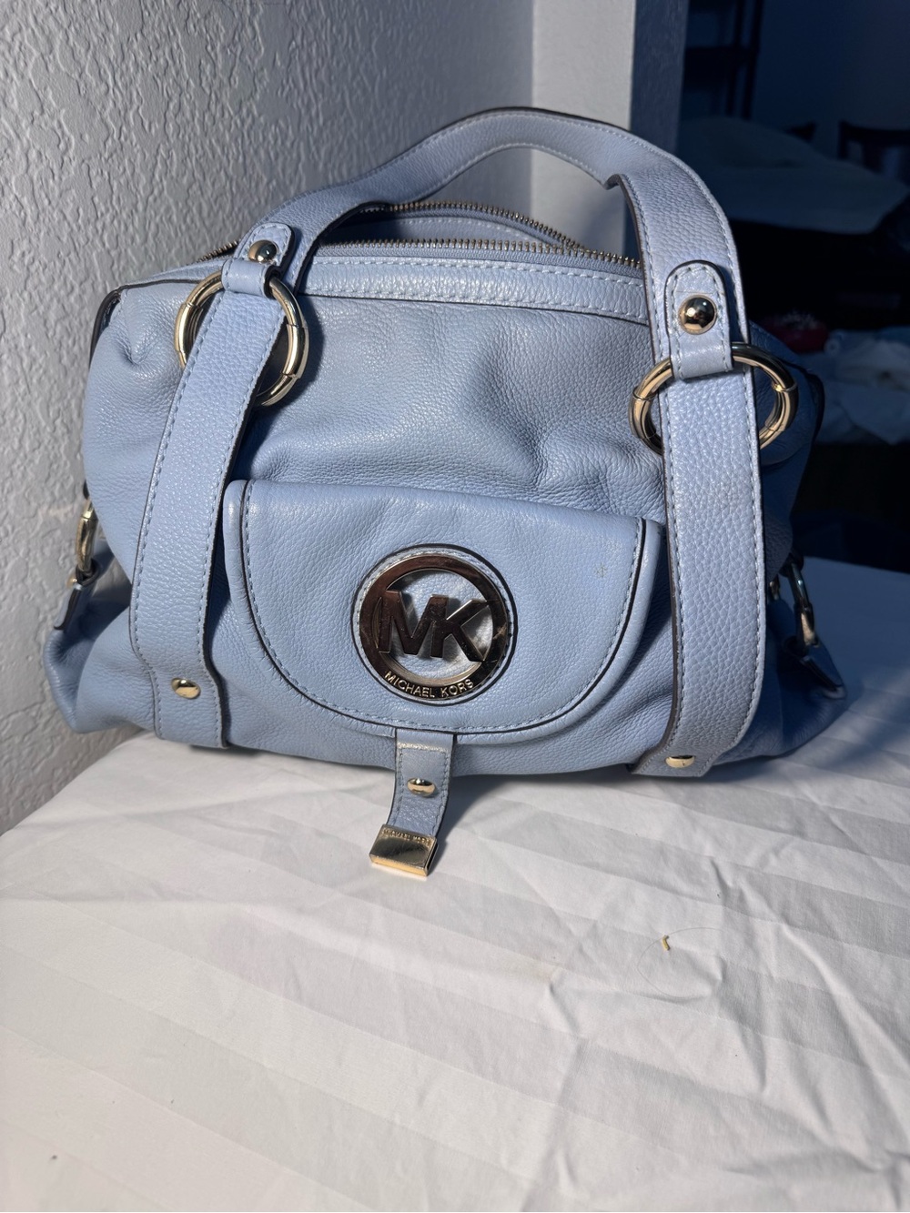 Michael Kors Fulton Powder Blue Pebbled Leather Shoulder Bag with Gold Hardware